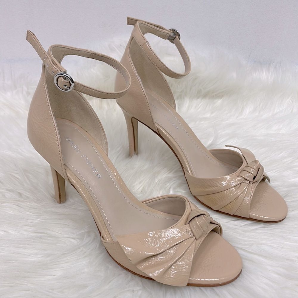 Marc Fisher | ankle strap,open toe heels 5.5 cream patent leather , 3 1/2” heel.